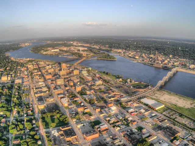Aerial view of downtown Davenport at golden hour